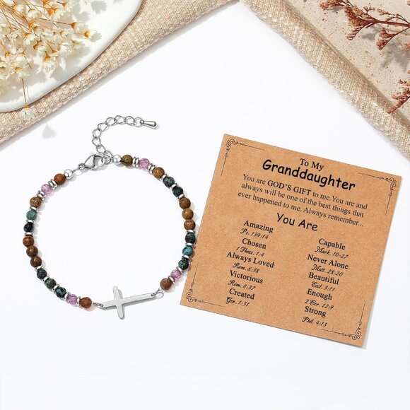 Christian Cross Bracelet Women Stainless Steel Natural Stone Gift - Picture 4 of 7